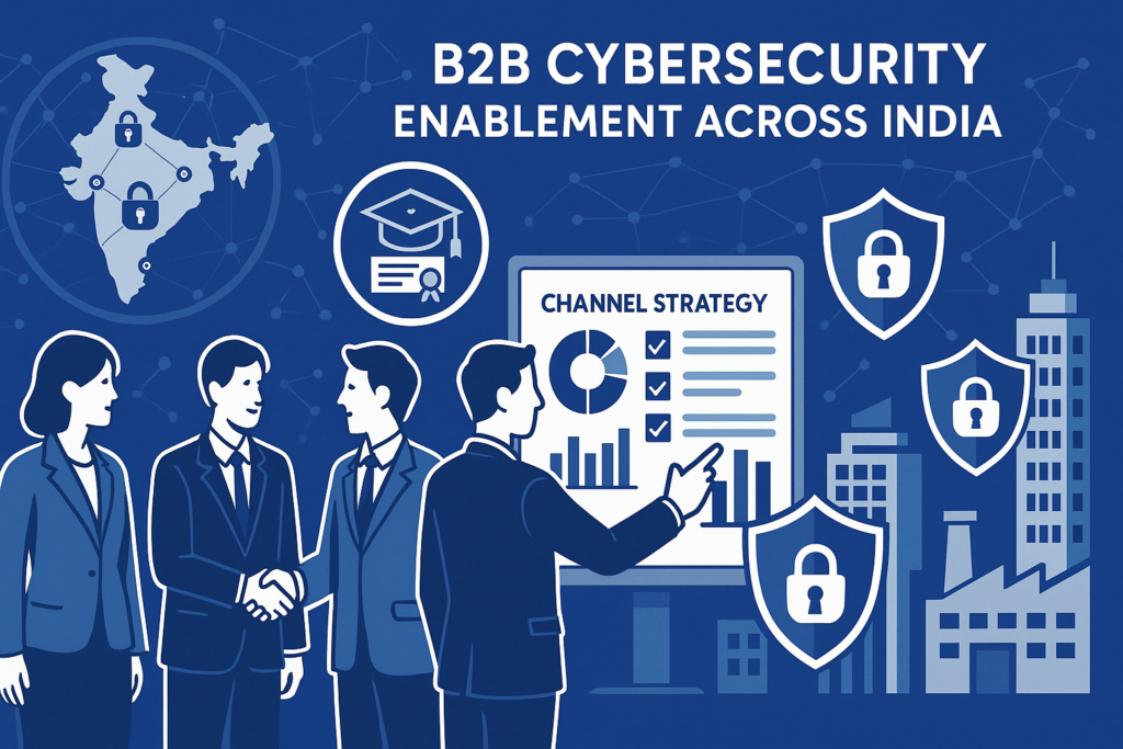 Illustration showing B2B cybersecurity enablement across India with secure partner networks, training certification icons, channel strategy dashboard, digital shield graphics, and corporate collaboration in royal blue, white, and steel grey colors.