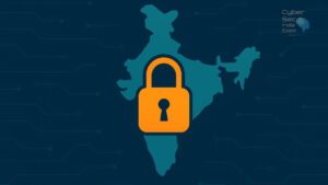Minimalist poster showing a teal map of India with an orange padlock symbolizing cybersecurity, designed in CyberSec India Expo brand colors to represent efforts in curbing cyber frauds in Digital India.